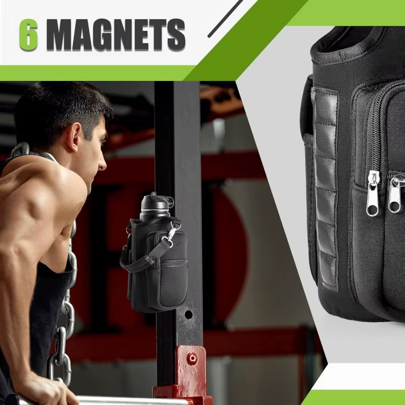 Revolutionary Magnetic Water Bottle Holder - Convenient Carrier Bag with Phone Pocket and 6 Strong Magnets for All Your Fitness Needs