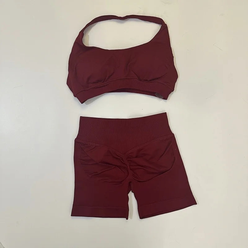 Seamless Yoga Shorts Set - Stylish Halter Sports Bra & Scrunch Shorts for Ultimate Workout Comfort