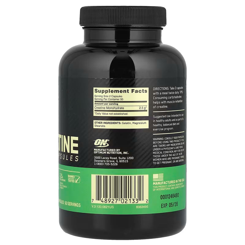 Optimum Nutrition Micronized Creatine Capsules - 100 Capsules (1.25g Each) for Enhanced Performance and Muscle Growth