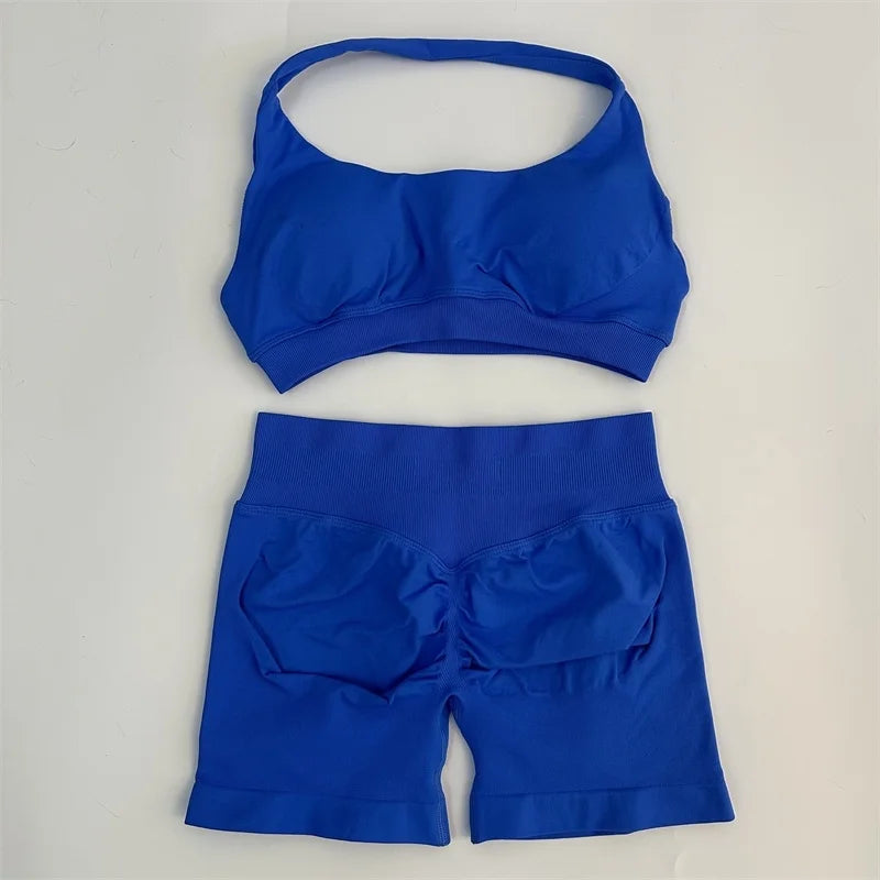 Seamless Yoga Shorts Set - Stylish Halter Sports Bra & Scrunch Shorts for Ultimate Workout Comfort