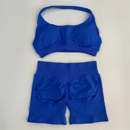 Seamless Yoga Shorts Set - Stylish Halter Sports Bra & Scrunch Shorts for Ultimate Workout Comfort