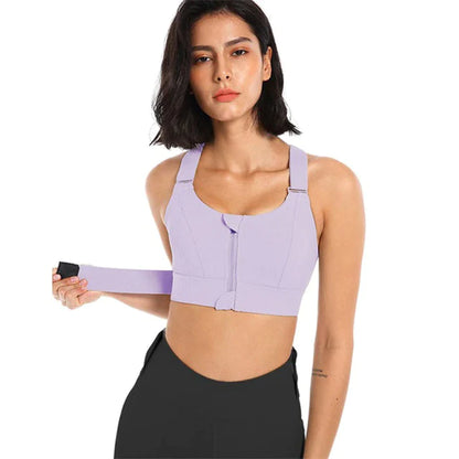 Stylish Plus Size Women's Sports Bra with Front Zipper - Adjustable Strap Shockproof Yoga Crop Top for Gym Fitness