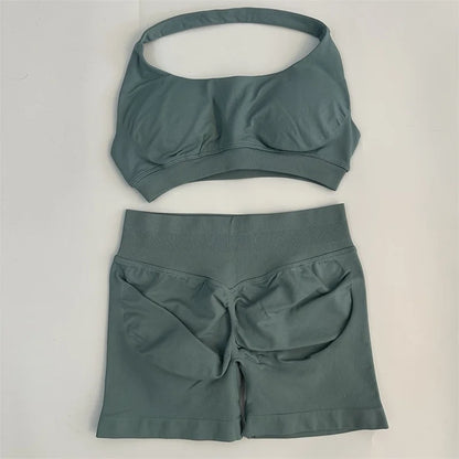 Seamless Yoga Shorts Set - Stylish Halter Sports Bra & Scrunch Shorts for Ultimate Workout Comfort