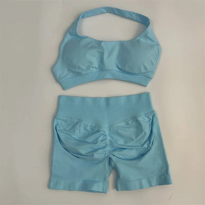 Seamless Yoga Shorts Set - Stylish Halter Sports Bra & Scrunch Shorts for Ultimate Workout Comfort