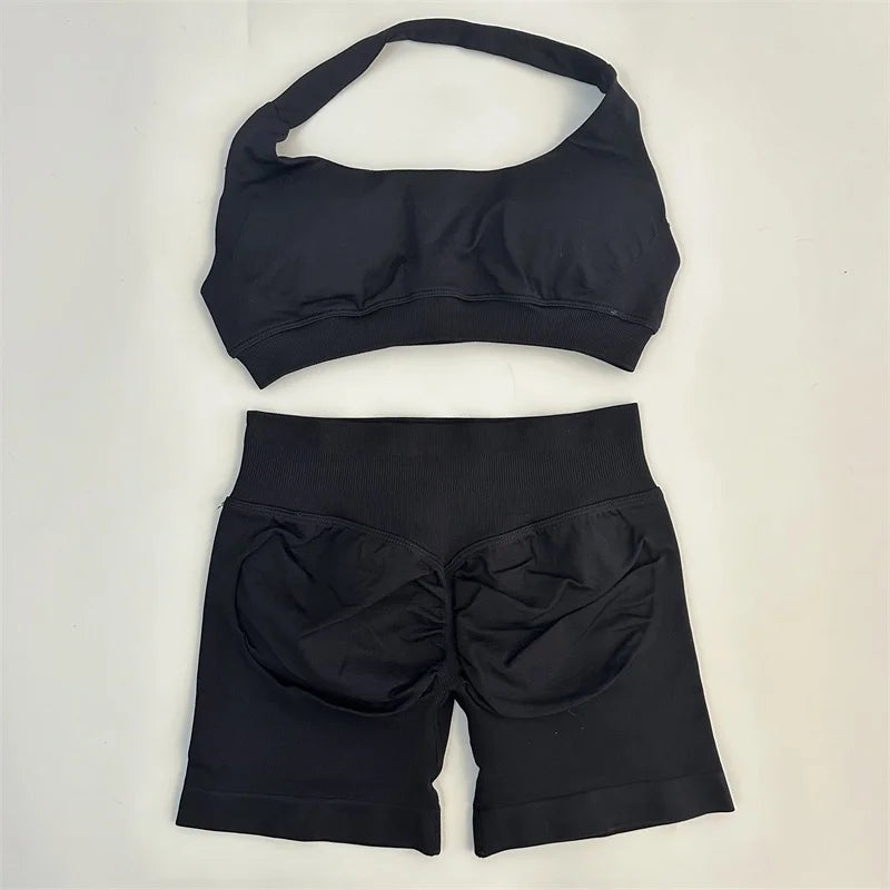 Seamless Yoga Shorts Set - Stylish Halter Sports Bra & Scrunch Shorts for Ultimate Workout Comfort
