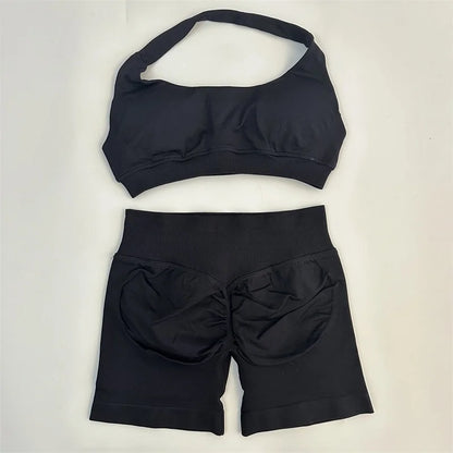 Seamless Yoga Shorts Set - Stylish Halter Sports Bra & Scrunch Shorts for Ultimate Workout Comfort