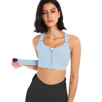 Stylish Plus Size Women's Sports Bra with Front Zipper - Adjustable Strap Shockproof Yoga Crop Top for Gym Fitness