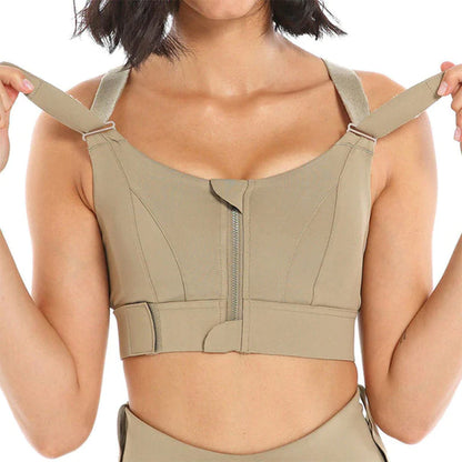 Stylish Plus Size Women's Sports Bra with Front Zipper - Adjustable Strap Shockproof Yoga Crop Top for Gym Fitness