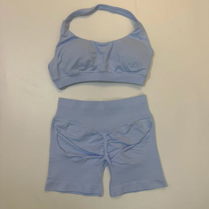 Seamless Yoga Shorts Set - Stylish Halter Sports Bra & Scrunch Shorts for Ultimate Workout Comfort
