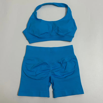Seamless Yoga Shorts Set - Stylish Halter Sports Bra & Scrunch Shorts for Ultimate Workout Comfort