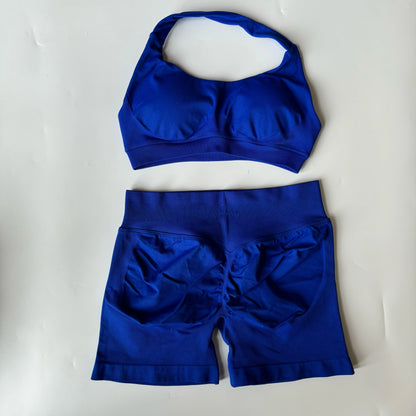 Seamless Yoga Shorts Set - Stylish Halter Sports Bra & Scrunch Shorts for Ultimate Workout Comfort