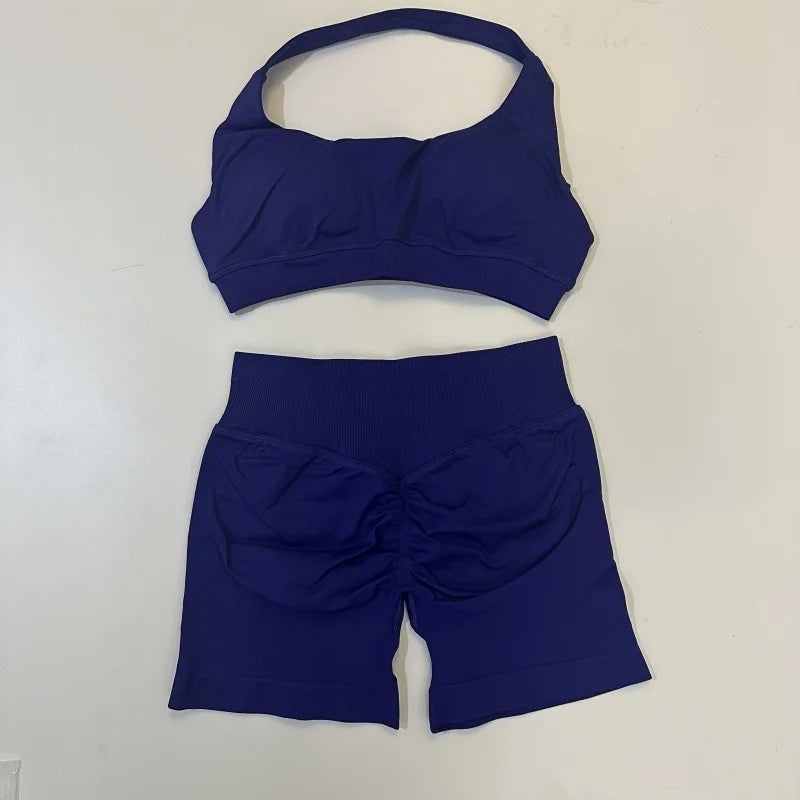 Seamless Yoga Shorts Set - Stylish Halter Sports Bra & Scrunch Shorts for Ultimate Workout Comfort