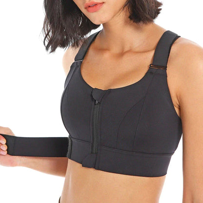 Stylish Plus Size Women's Sports Bra with Front Zipper - Adjustable Strap Shockproof Yoga Crop Top for Gym Fitness