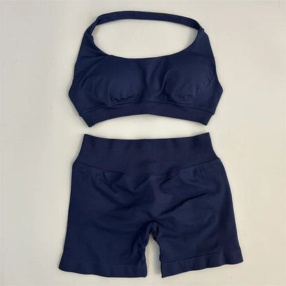 Seamless Yoga Shorts Set - Stylish Halter Sports Bra & Scrunch Shorts for Ultimate Workout Comfort