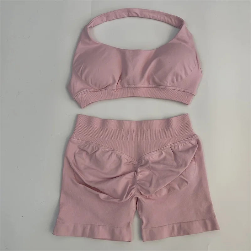 Seamless Yoga Shorts Set - Stylish Halter Sports Bra & Scrunch Shorts for Ultimate Workout Comfort