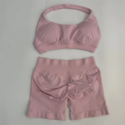 Seamless Yoga Shorts Set - Stylish Halter Sports Bra & Scrunch Shorts for Ultimate Workout Comfort