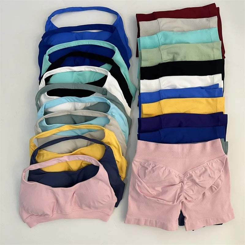Seamless Yoga Shorts Set - Stylish Halter Sports Bra & Scrunch Shorts for Ultimate Workout Comfort