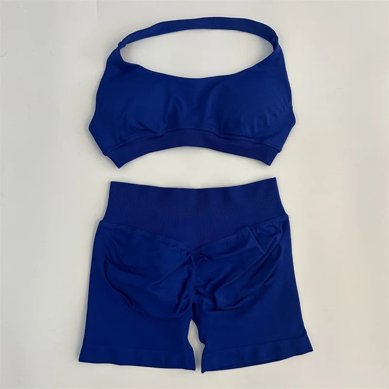 Seamless Yoga Shorts Set - Stylish Halter Sports Bra & Scrunch Shorts for Ultimate Workout Comfort
