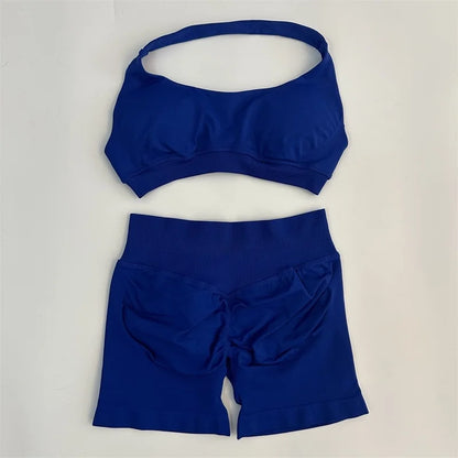Seamless Yoga Shorts Set - Stylish Halter Sports Bra & Scrunch Shorts for Ultimate Workout Comfort